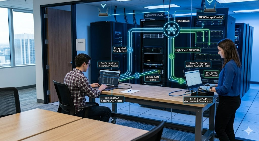 Employees accessing centralized data storage via network-attached storage and SAN systems