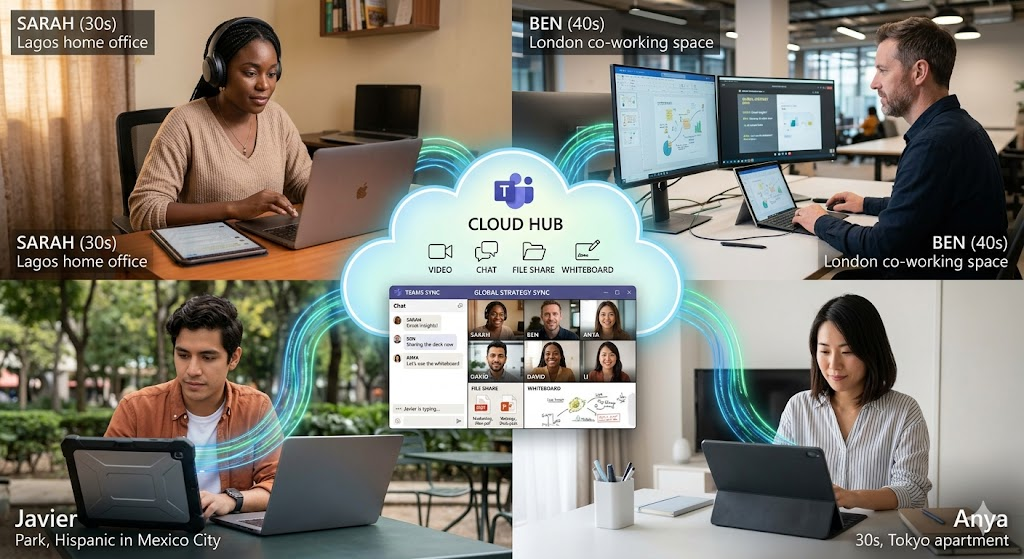 Remote team collaborating on cloud-based platform from different locations