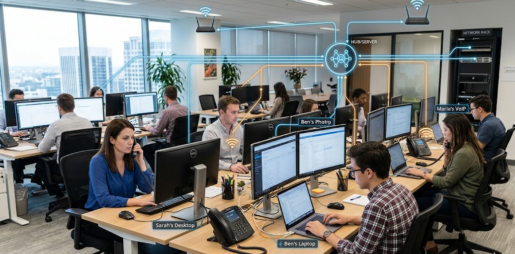 Modern office with interconnected devices and cloud network illustrating business networking and collaboration