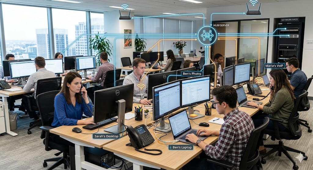 Corporate employees using computers and VoIP phones connected via office network