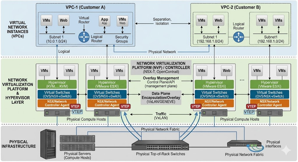 Diagram of cloud network architecture showing virtual private clouds and virtualization layers.