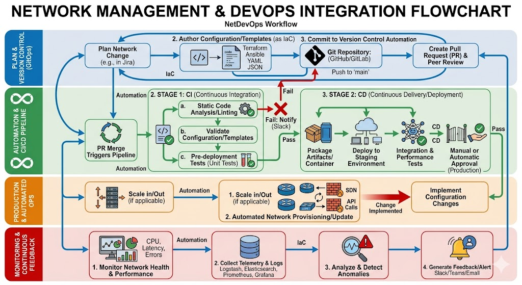 Infographic illustrating NetDevOps workflow with automation, version control, and continuous integration.