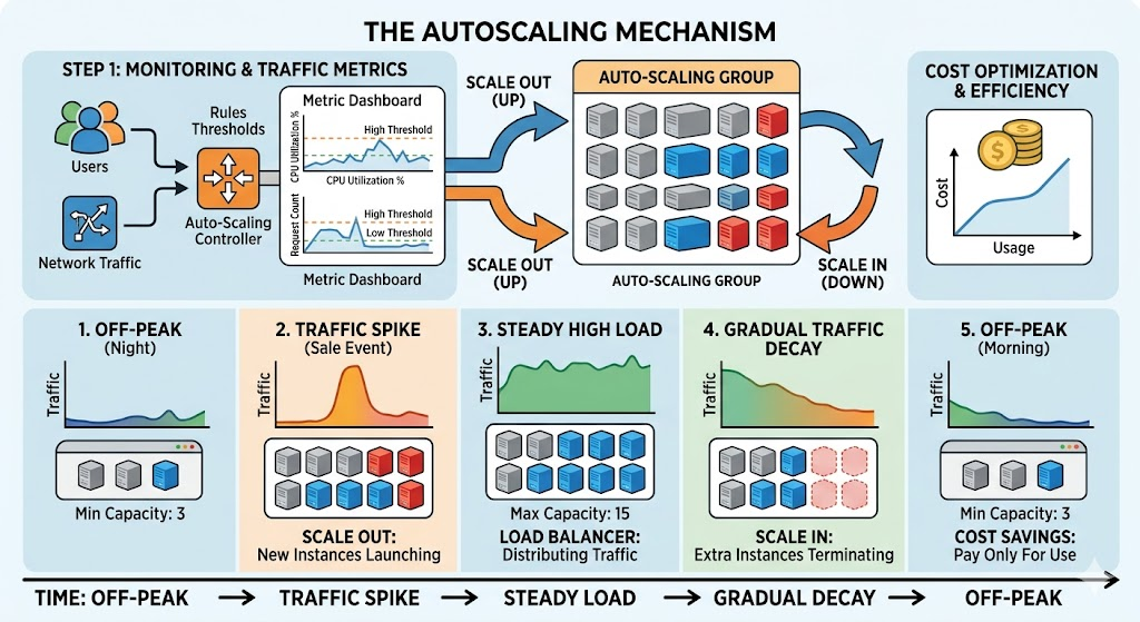 Elastic scaling in cloud networking with resources dynamically increasing and decreasing based on user demand.