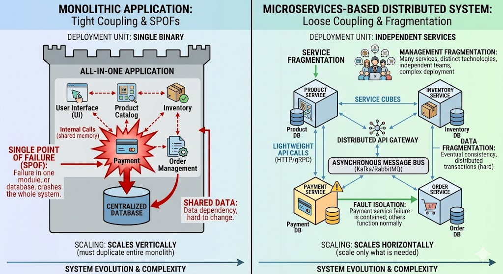 Comparison of monolithic application architecture versus distributed microservices system.