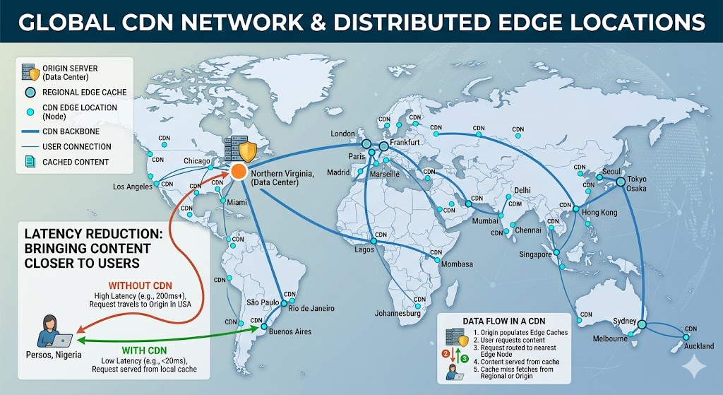 Global map showing edge computing and content delivery network nodes for faster data access.