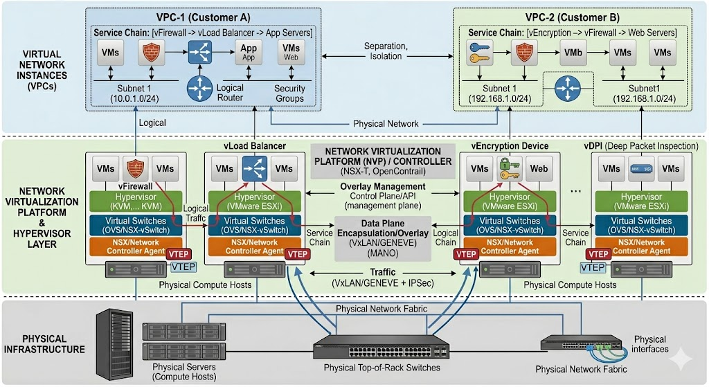 Illustration of network function virtualization with virtual firewalls, load balancers, and security devices.