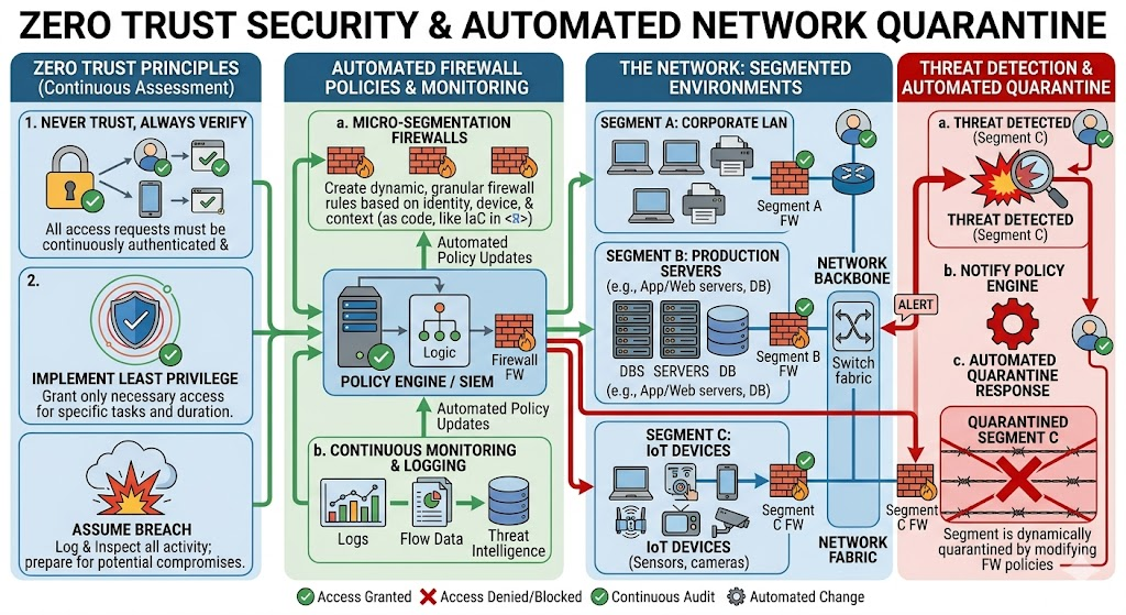 Visualization of cloud network security with Zero Trust architecture and automated threat response.