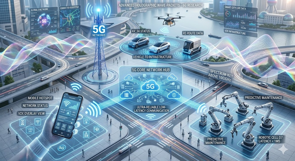 Illustration of 5G network connecting devices with futuristic 6G holographic signals.