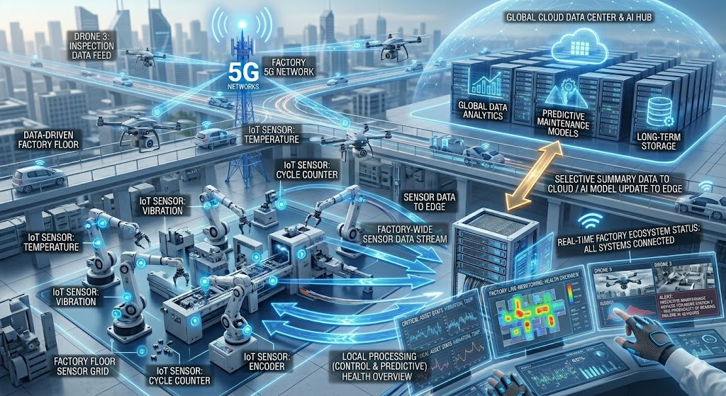 Industrial IoT devices monitoring machines and logistics in a connected warehouse.