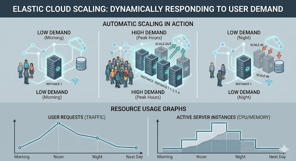 Illustration of cloud scalability showing automatic resource scaling and elastic server instances based on user demand