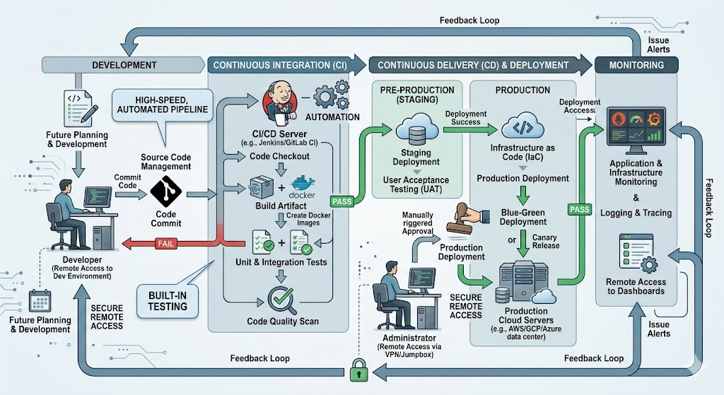 Flowchart of cloud-based software deployment using CI/CD pipelines showing development, testing, deployment, and monitoring stages