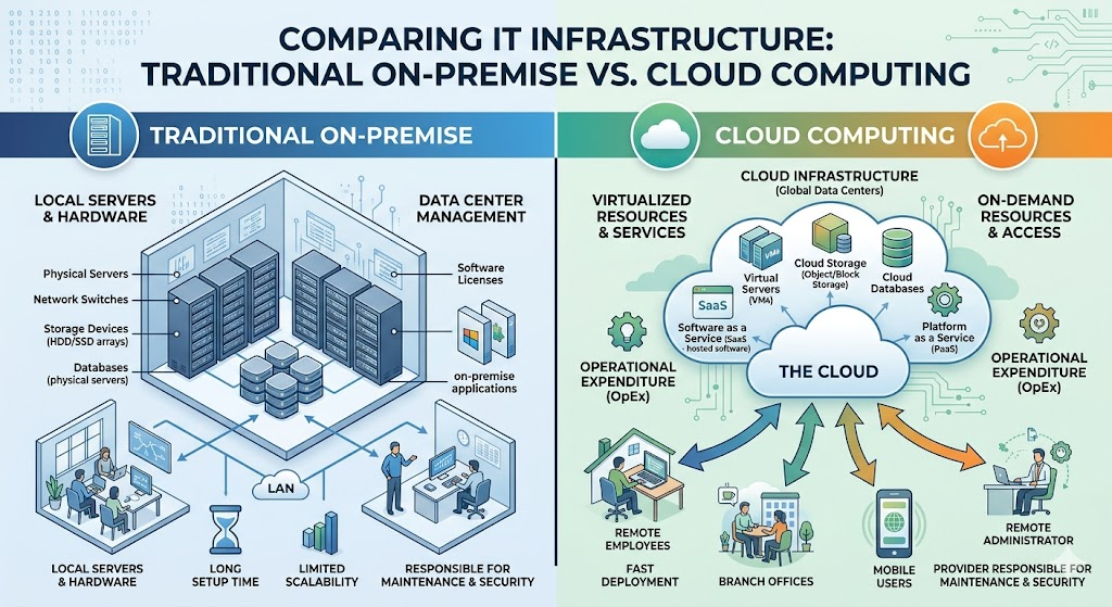 Diagram comparing traditional on-premise IT infrastructure with cloud computing solutions showing servers, storage, and software hosted on cloud platforms