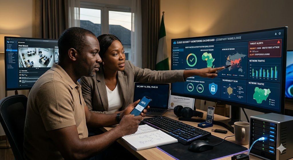 IT manager monitoring cloud security dashboard remotely showing multi-factor authentication, encryption, and threat detection tools