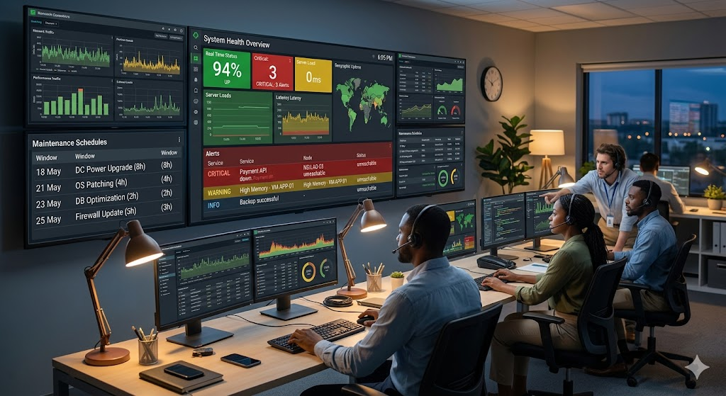 IT team monitoring system health and software performance to prevent downtime