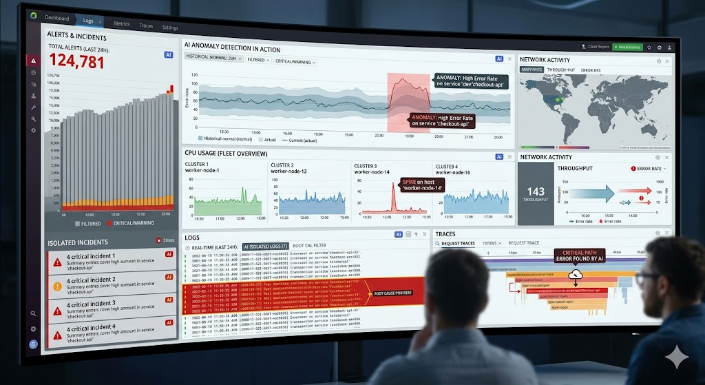 AI observability platform detecting anomalies and reducing alert fatigue in software monitoring.
