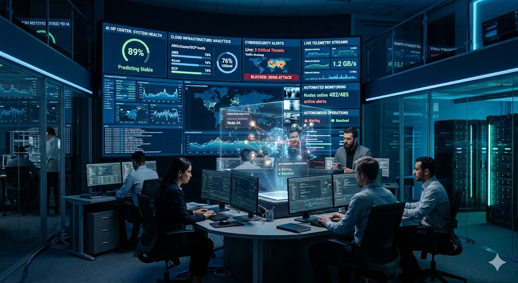 AI-powered IT software management dashboard monitoring cloud infrastructure and system analytics in real time.