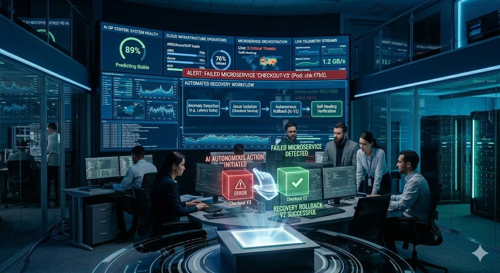 Self-healing AI infrastructure automatically troubleshooting and recovering failed software services.