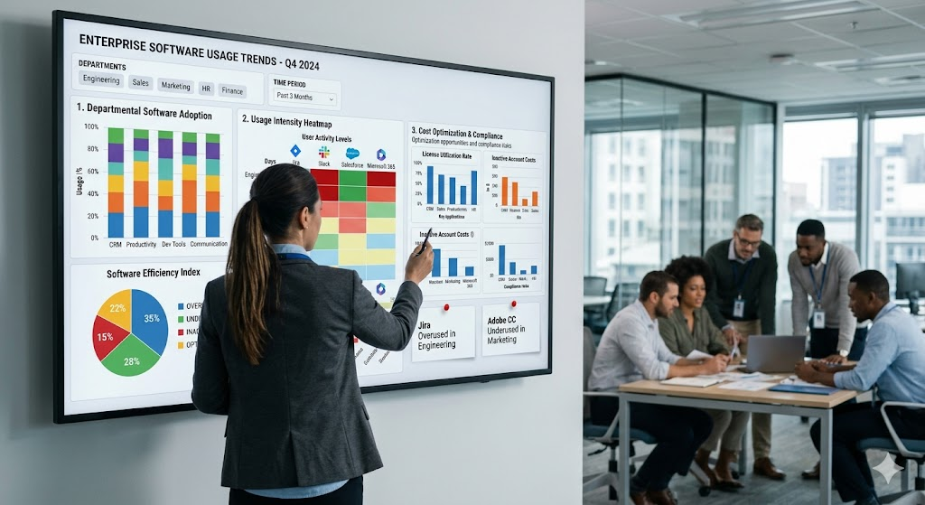 Software usage analytics dashboard showing license optimization, department usage trends, and underutilized applications