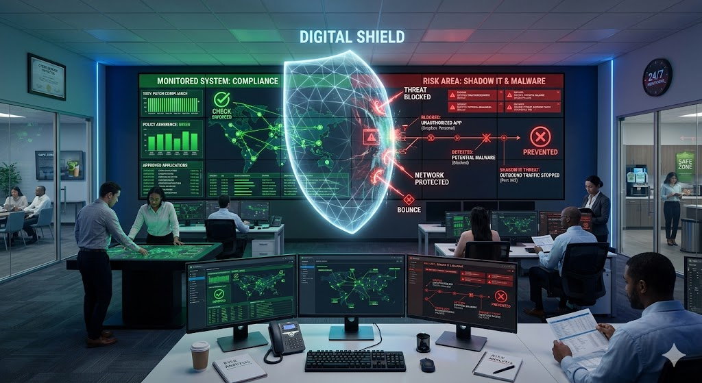 Cybersecurity protection of corporate network showing compliance monitoring and blocking of unauthorized software (shadow IT)