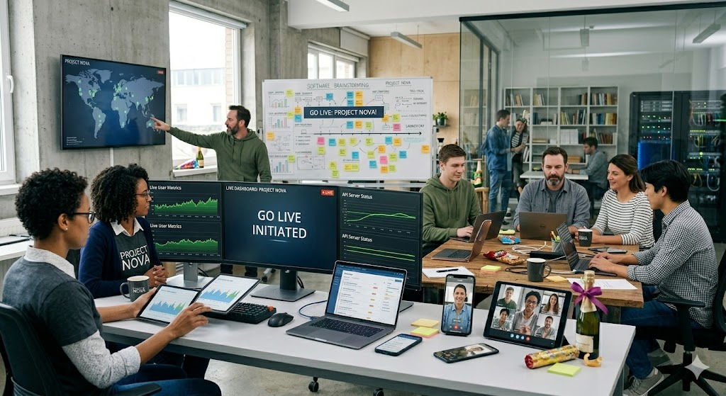 Software deployment and live user access.