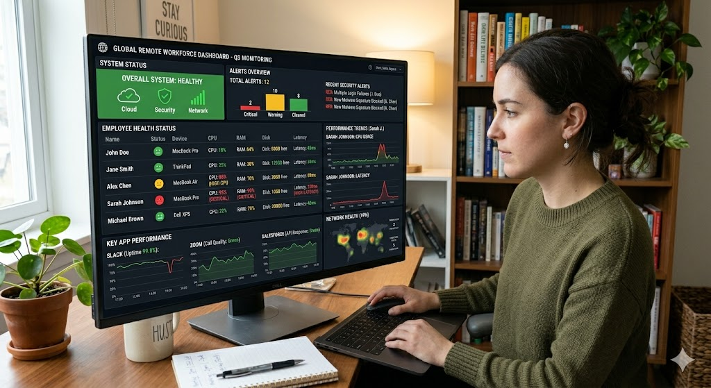 Remote monitoring dashboard showing employee device performance, software updates, and security alerts