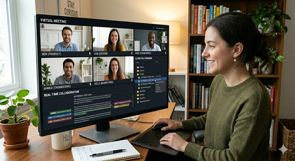 Team collaborating remotely through cloud-based platforms with video conferencing and real-time document sharing