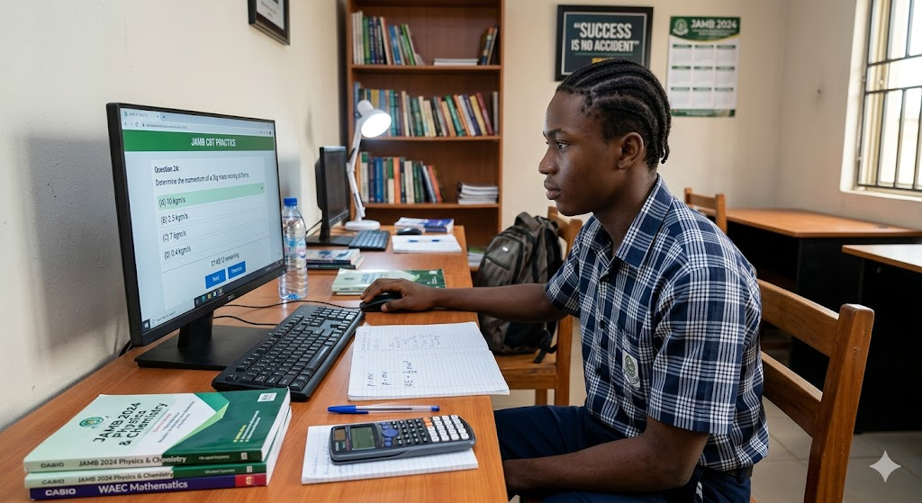 Student practicing JAMB CBT past questions for examination preparation.