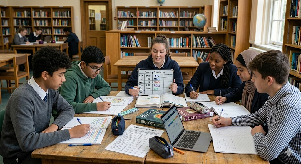 Students assigned roles during a structured group study session with timetable and notes on the table