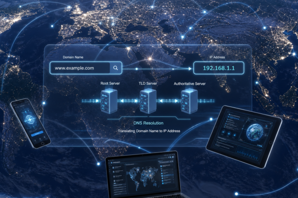 Global internet network showing DNS translating domain names into IP addresses with connected devices