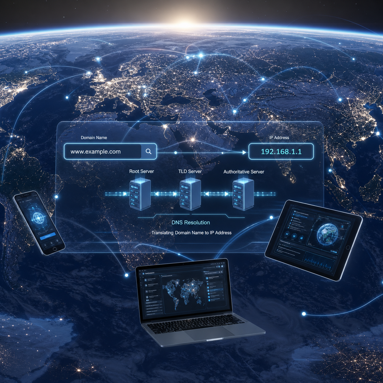 Global internet network showing DNS translating domain names into IP addresses with connected devices