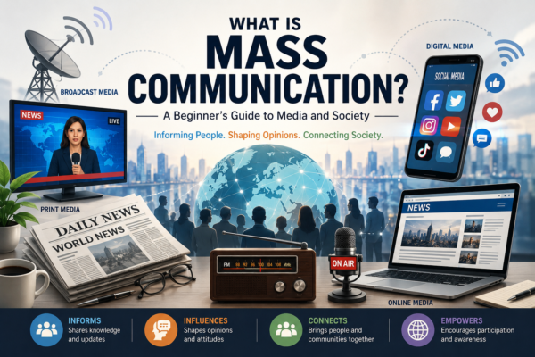 Illustration showing mass communication channels including television, radio, newspapers, and digital media connecting society
