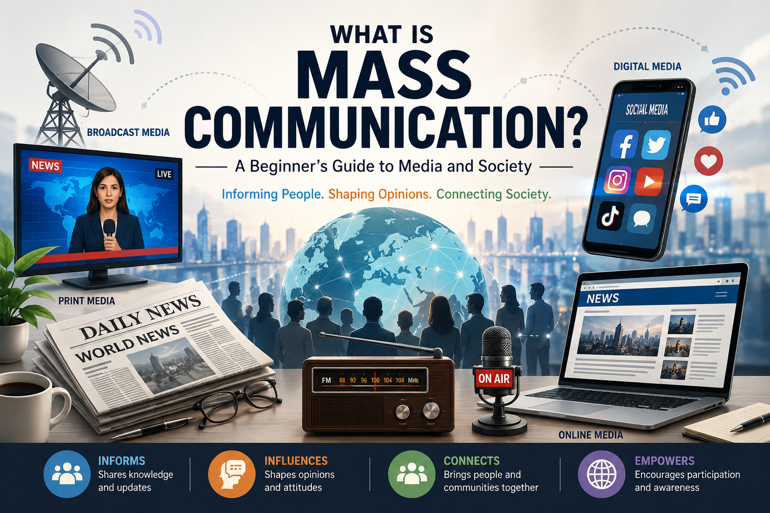 Illustration showing mass communication channels including television, radio, newspapers, and digital media connecting society