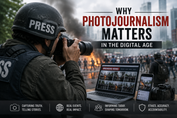 Photojournalist capturing breaking news with a digital camera in a fast-paced modern media environment showing Photojournalism