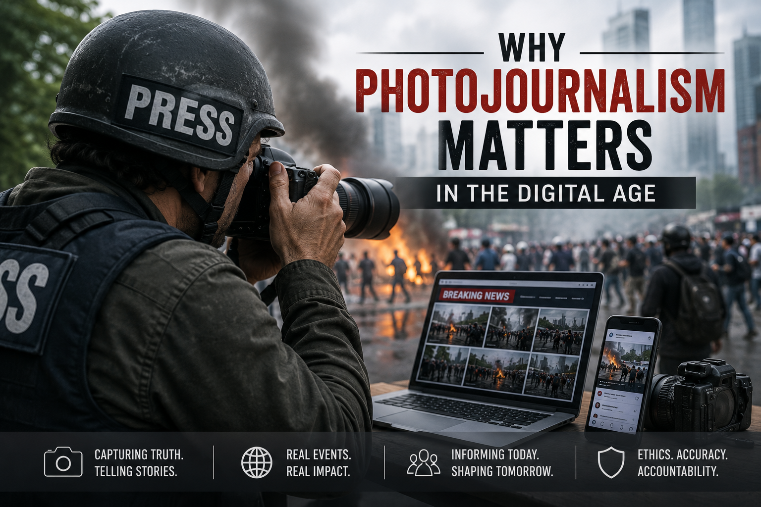 Photojournalist capturing breaking news with a digital camera in a fast-paced modern media environment showing Photojournalism