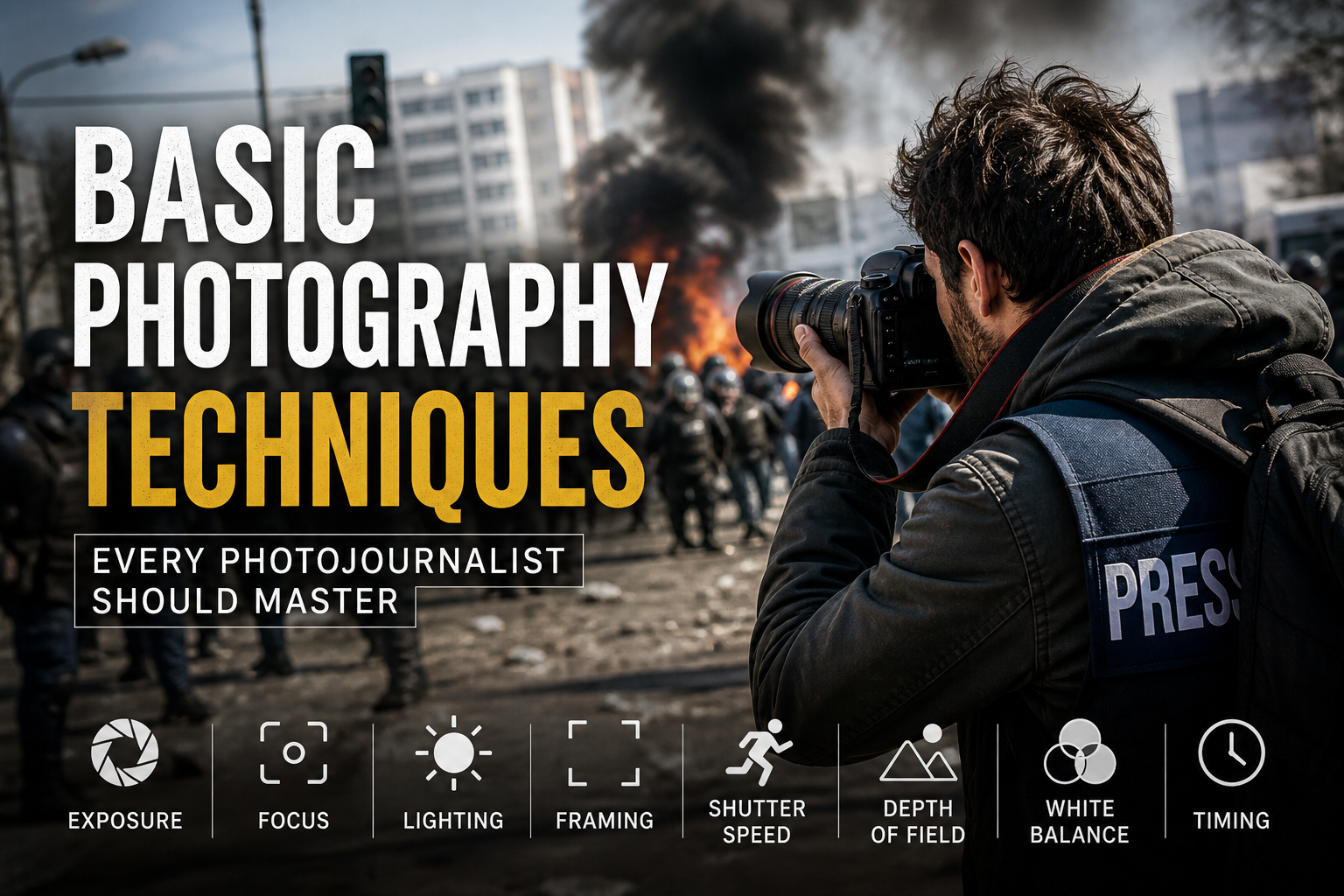 A photojournalist capturing a breaking news scene with a DSLR camera in a dynamic outdoor environment showing urgency and storytelling.