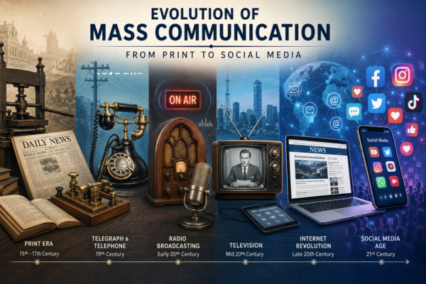 Illustration showing the evolution of mass communication from print newspapers to social media platforms through radio, television, and the internet.