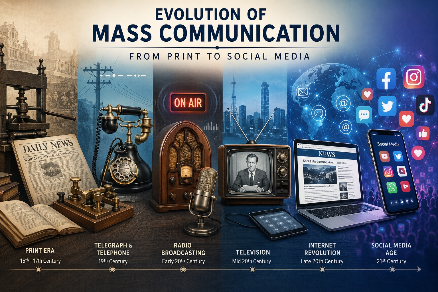 Illustration showing the evolution of mass communication from print newspapers to social media platforms through radio, television, and the internet.