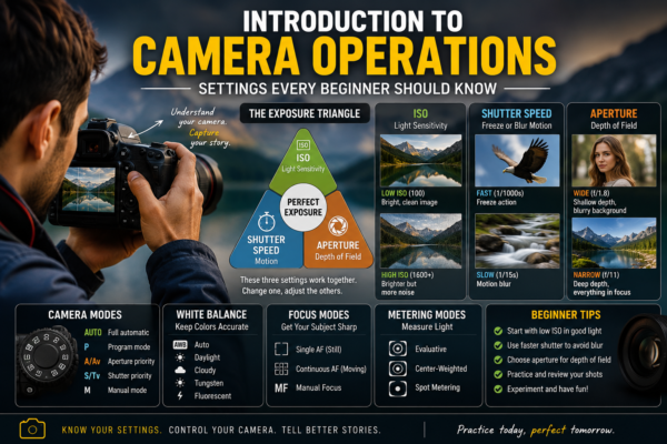 Beginner photographer adjusting camera settings, showing ISO, shutter speed, aperture, and focus controls for learning photography basics.