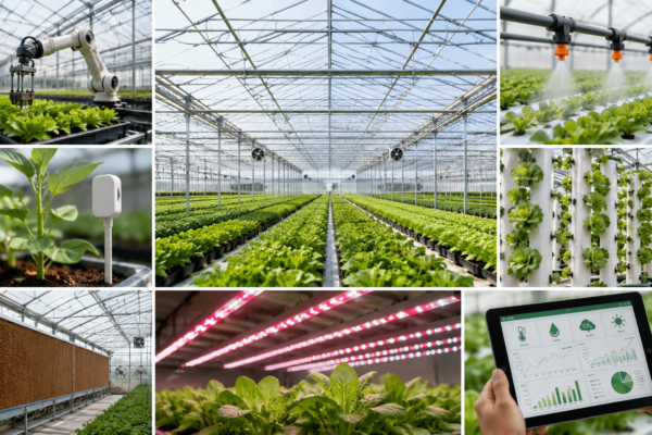 Modern greenhouse farming technology collage
