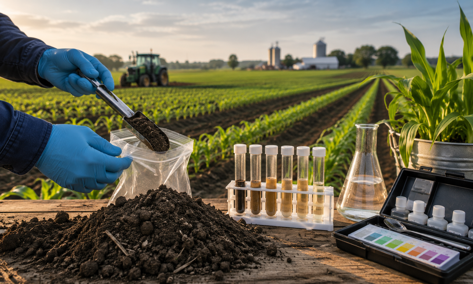 Soil testing at sunrise on the farm