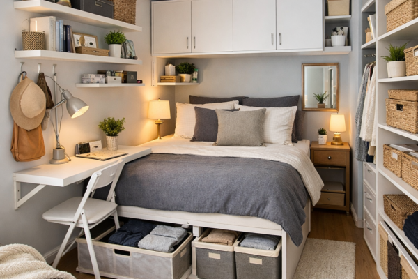 Small modern bedroom with floating shelves, under-bed storage, and light wood flooring.