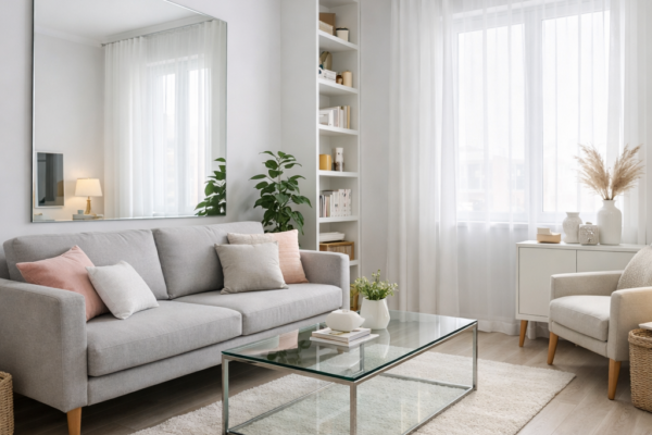 Small living room with light walls, mirror, and minimalist furniture creating spacious feel