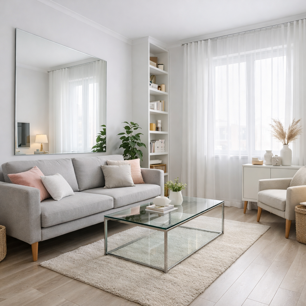 Small living room with light walls, mirror, and minimalist furniture creating spacious feel