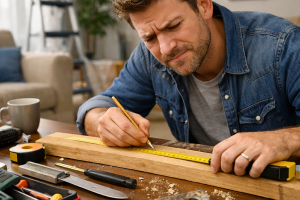 Homeowner struggling with DIY tools and measurements in a modern living room.