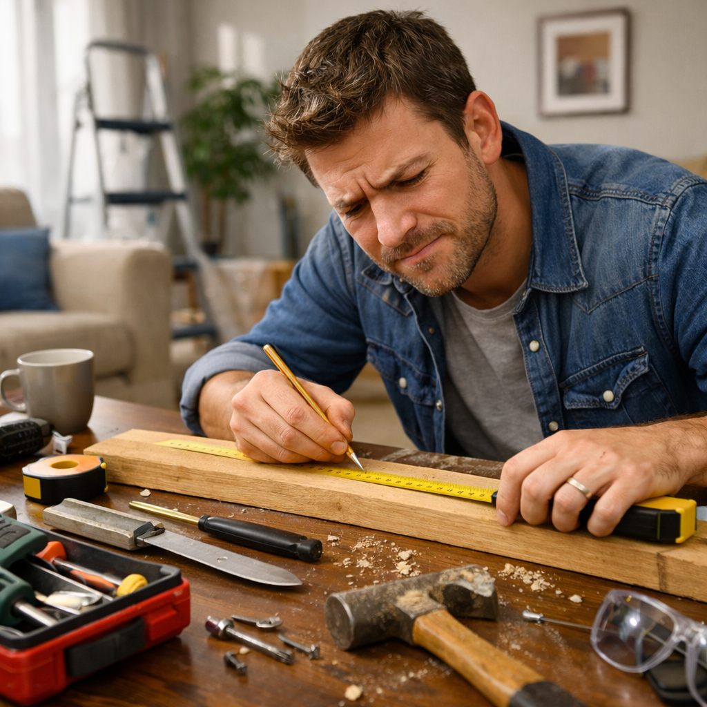 Homeowner struggling with DIY tools and measurements in a modern living room.