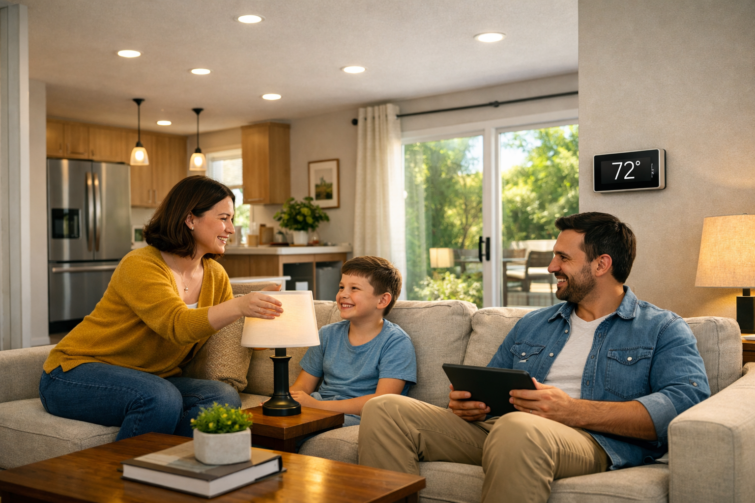 Modern energy-efficient living room with LED lights, smart thermostat, and natural daylight.