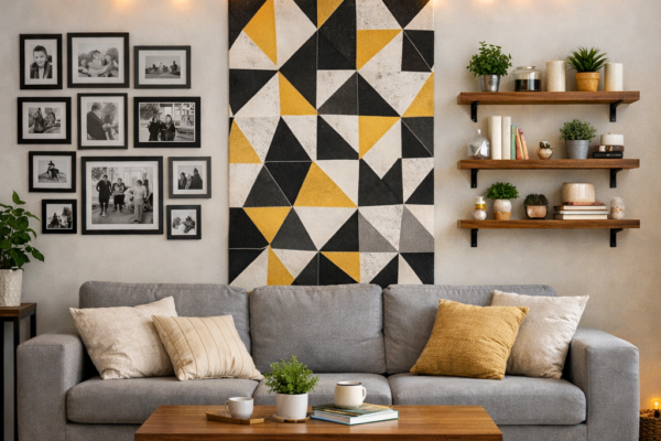 Modern living room wall with photo collage, peel-and-stick wallpaper, floating shelves, and string lights.