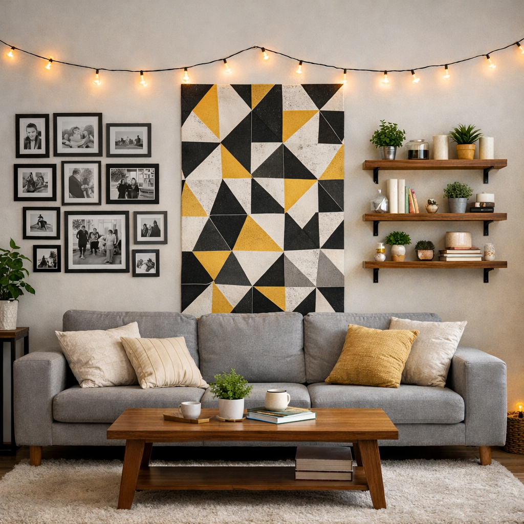Modern living room wall with photo collage, peel-and-stick wallpaper, floating shelves, and string lights.