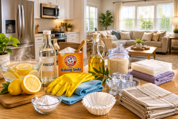 Home cleaning hacks using common household items like lemons, baking soda, vinegar, and microfiber cloths in a bright modern home