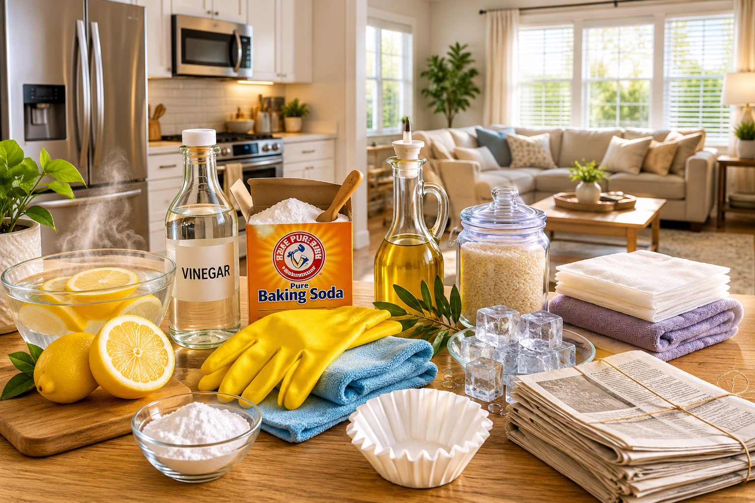 Home cleaning hacks using common household items like lemons, baking soda, vinegar, and microfiber cloths in a bright modern home